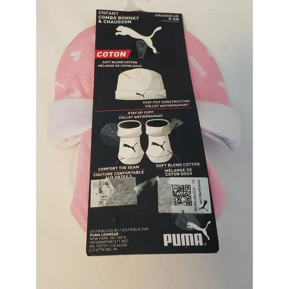 Puma Infant Beanie Hat Bootie Socks Set Baby Girls 0-6M Pink White Shower Gift - Picture 6 of 6